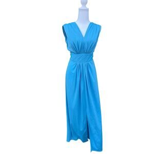 Women's Vintage 70s Cascade Maxi Dress Sleeveless V-Neck Baby Blue Size M